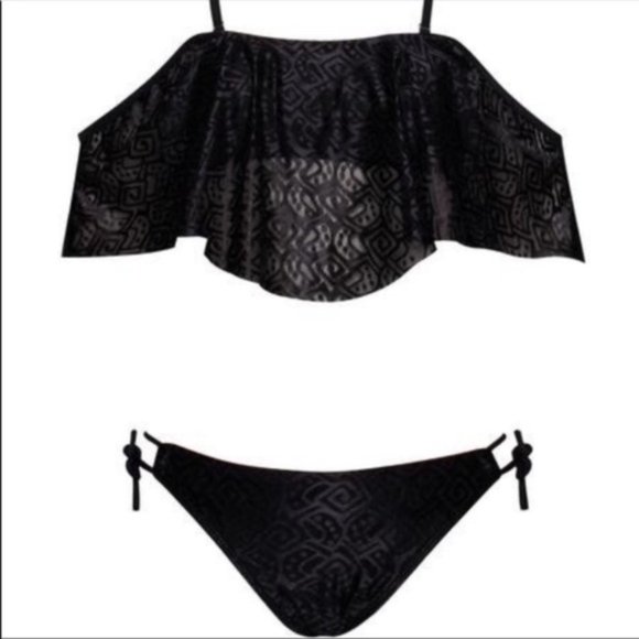 Black Off the Shoulder Lace Ruffle Bikini - Picture 2 of 5